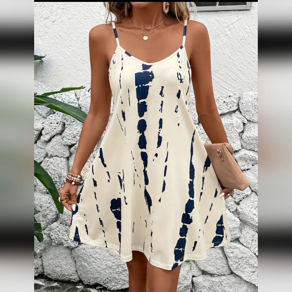 Macy's Cream Mini Dress with Navy Tie-Dye Print